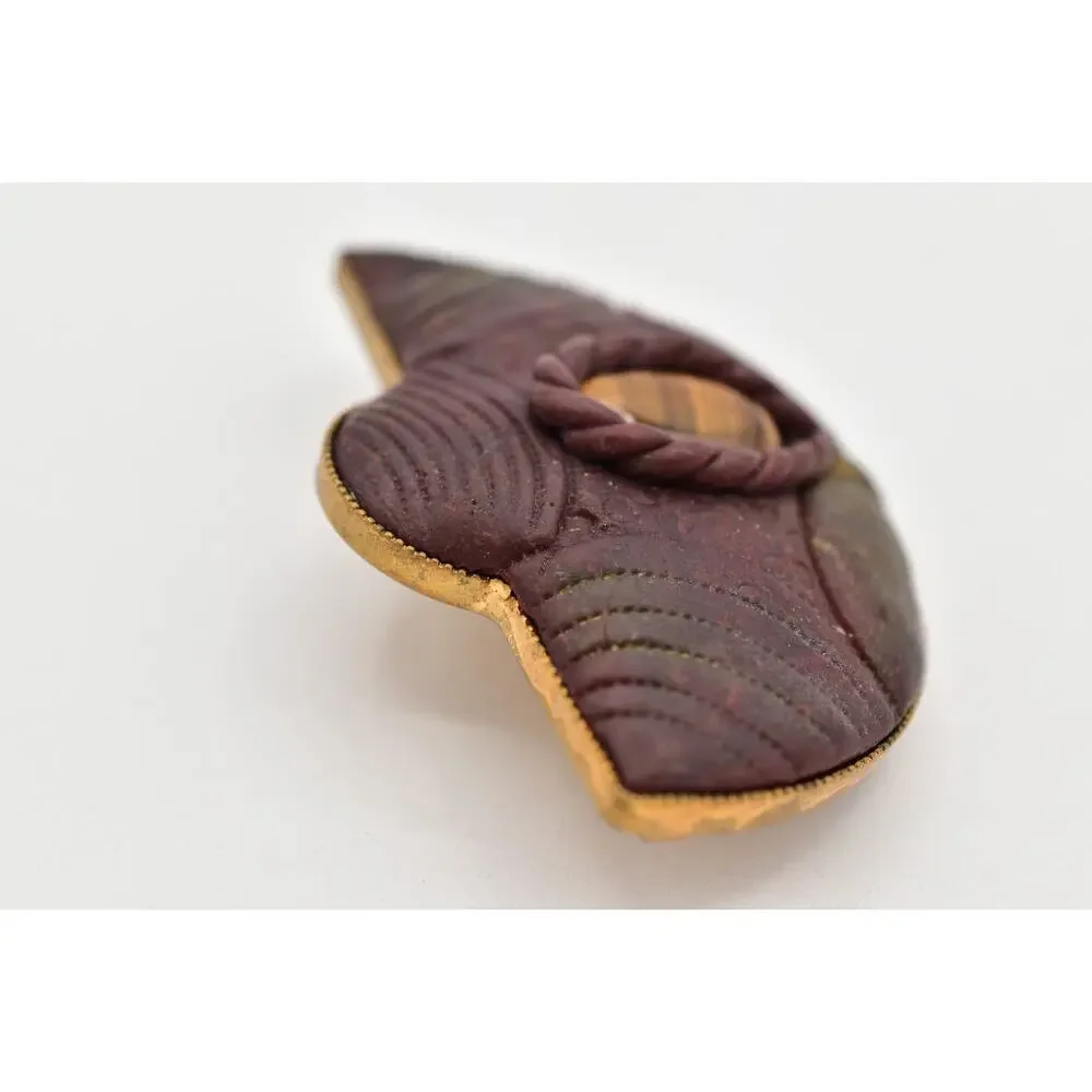 Vintage Tiger's Eye Cabochon Pin Brooch Brutalist Gold Tone Chunky 1970s 9B